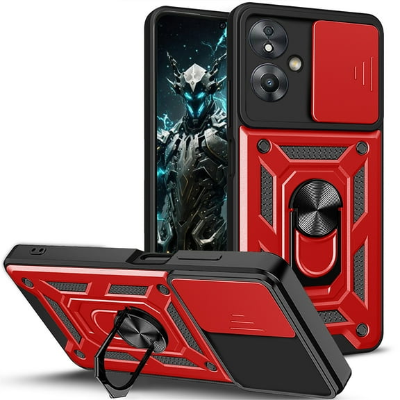 CSmaller for Oppo A79 5G Case with Slide Camera Cover for Men, Military Grade Drop Proof Phone Cover with Rotate Ring Kickstand Lens Protection Case for Oppo A79 5G SJ Red