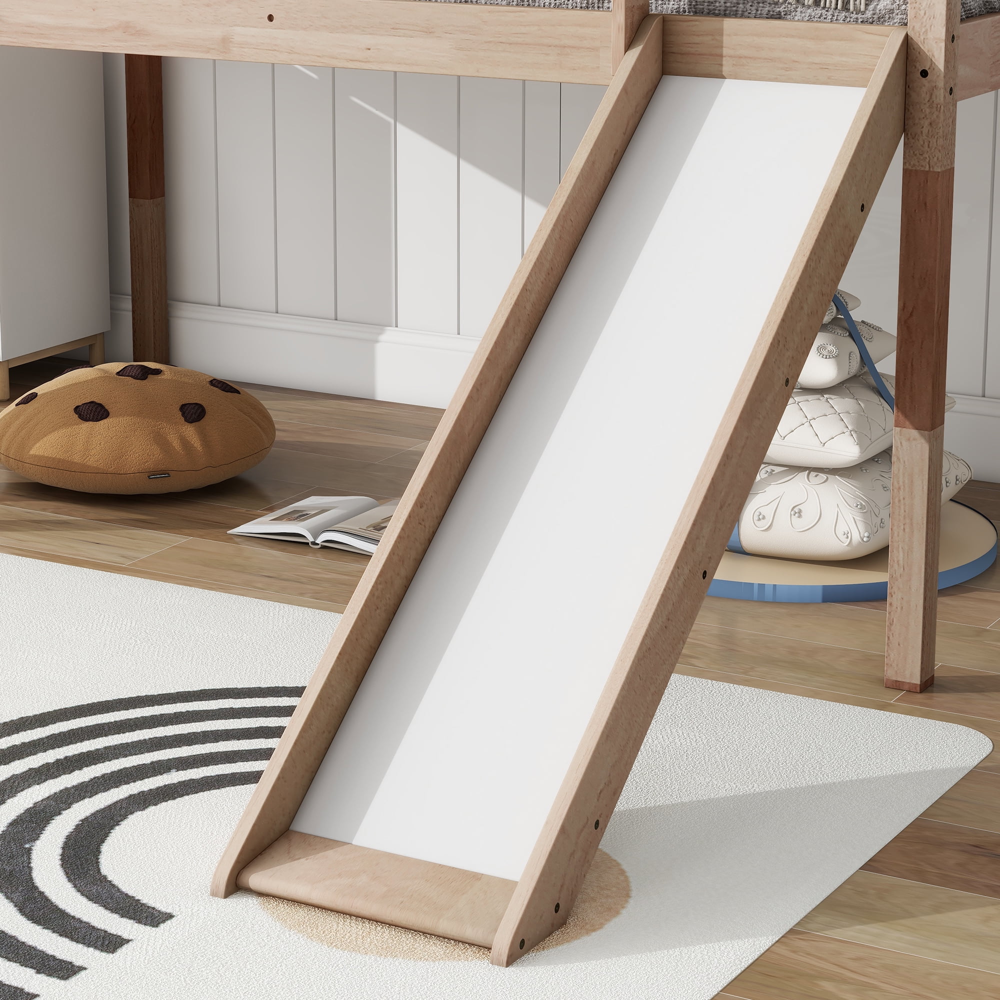 Miniyam Wood Twin Size Loft Bed with Slide, Ladder, Guardrails for Kids, Oak