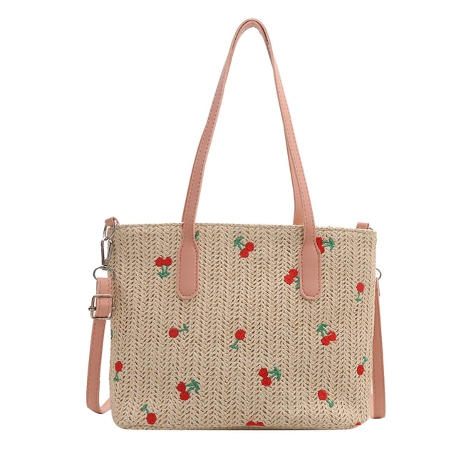 Bolso Mano Cereza Paja Tejidos Chic Hobo Bolsas Correa Ajustable para Mujeres/niñas