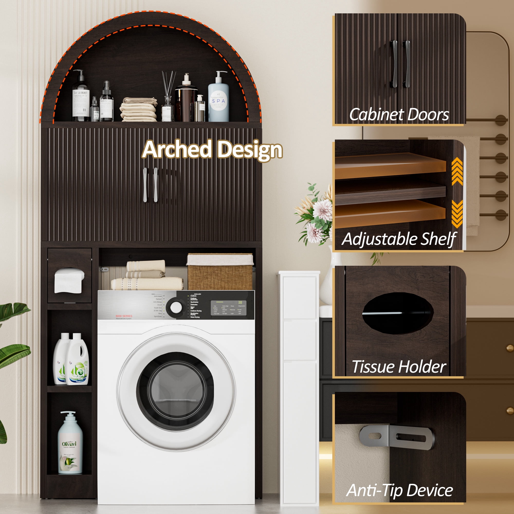 HARIPUL Over The Toilet Storage Cabinet w/ Unique Wood Grain & Arc Design, Freestanding Bathroom Shelf Organizer Space Saver w/ Doors & Anti-Tip Device, Coffee Color