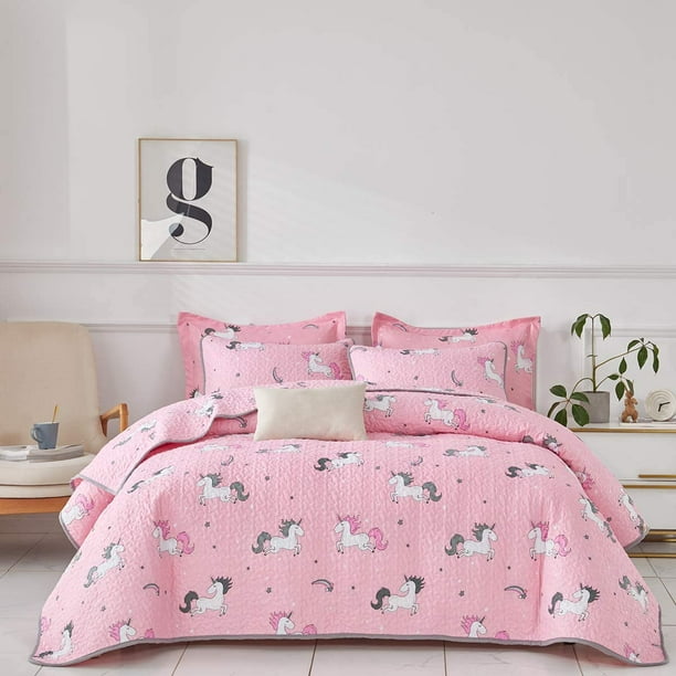3 Piece Reversible Pink Unicorn Queen Quilt Set with Rainbow and Stars Cute  Style Soft Microfiber Lightweight Coverlet Bedspread for All Season -  Walmart.com