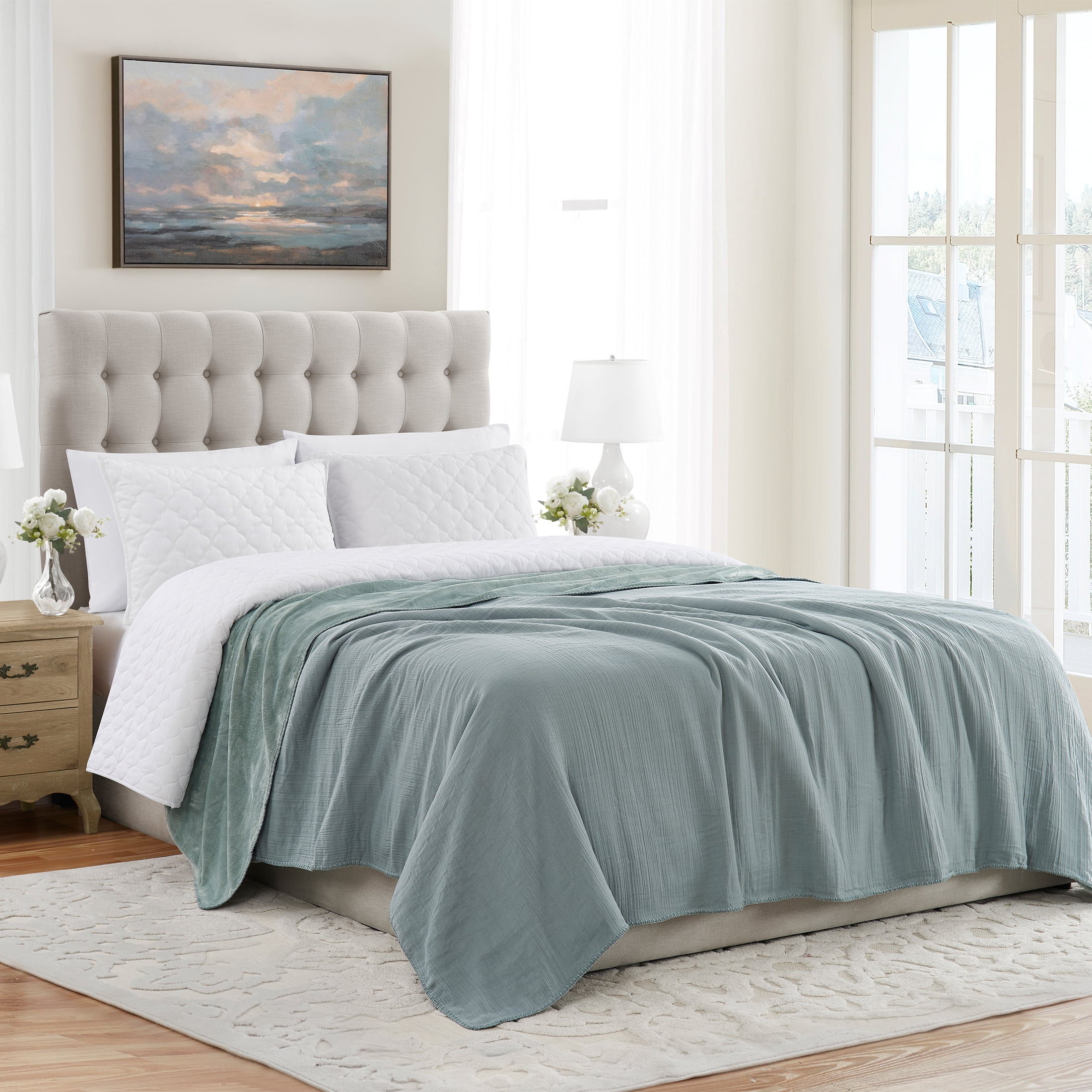 My Texas House Palmer Green Muslin Flannel Bed Blanket, King
