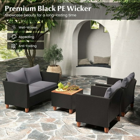 Costway 4 PCS Wicker Patio Furniture Set with Removable Cushions Storage Coffee Table - Gray,Black
