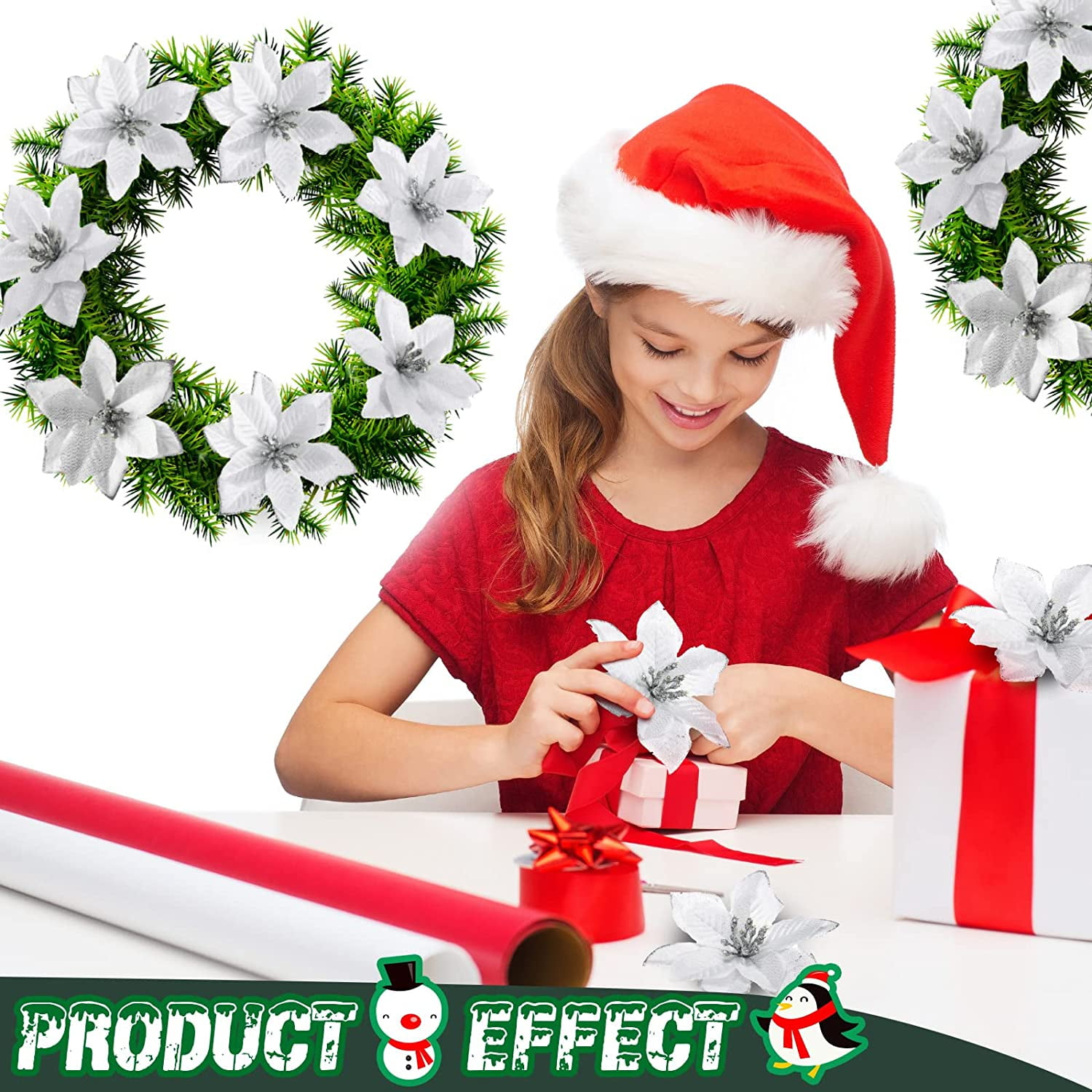 6PCS Glitter Christmas Artificial Flowers Christmas Poinsettia Decor Christmas Tree Wreaths Ornaments for Christmas Home Wedding Party