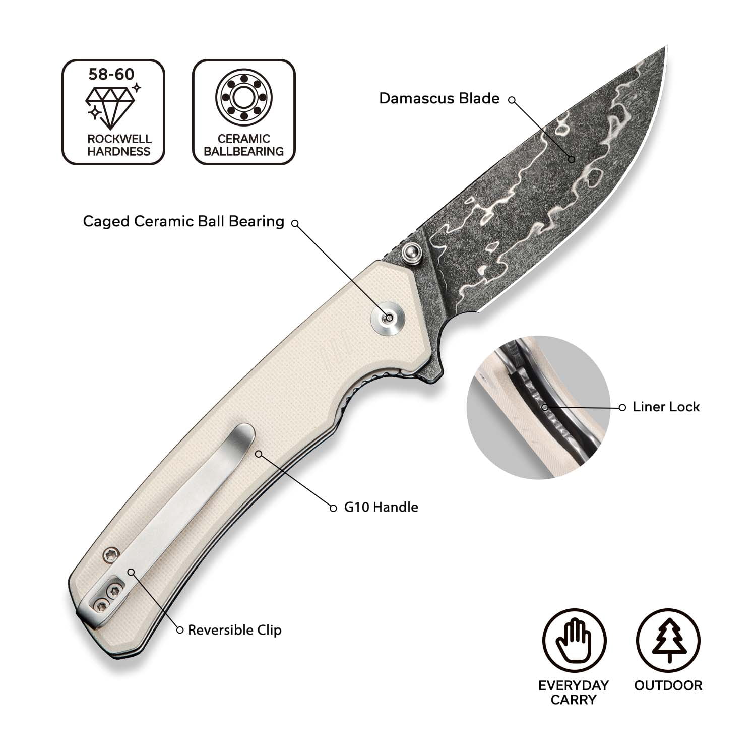 CIVIVI Merit Pocket Knife, Folding Knife with 3.28" Damascus Blade G10 Handle, Lightweight Knife with Reversible Pocket Clip for Camping Hiking Indoor & Outdoor, C24012-DS1, Ivory