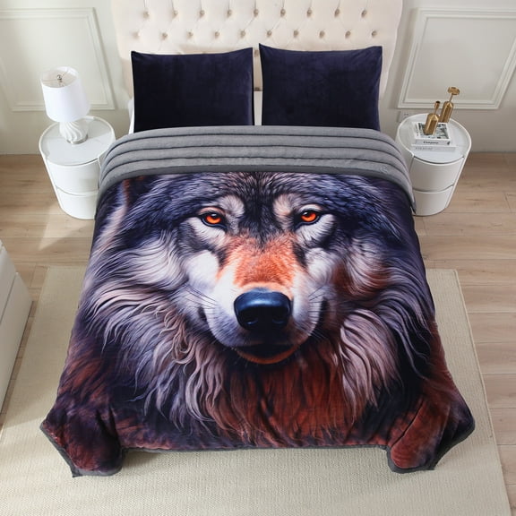 JML Faux Fur & Plush Fleece King Blanket, Double-Sided Patterns 3-Ply Heavy Thick Warm Plush Blanket For Winter, 85"x93", Wolf & Gray