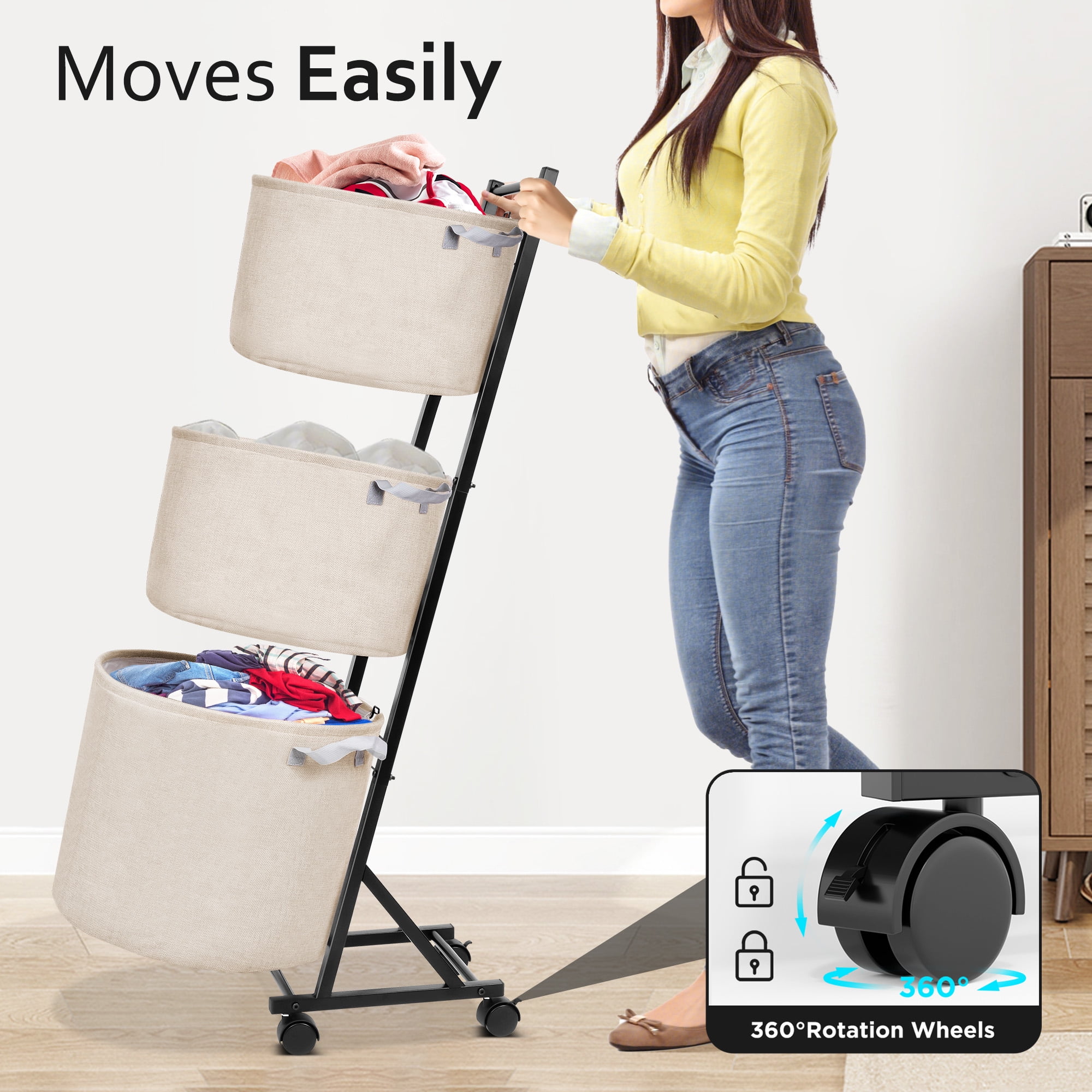 YOUPINS 3-Tier Laundry Hamper Sorter,Laundry Storage Organizer with Wheels Removable Rolling Laundry Baskets for Home,Bathroom,Dorm Laundry Room,Beige