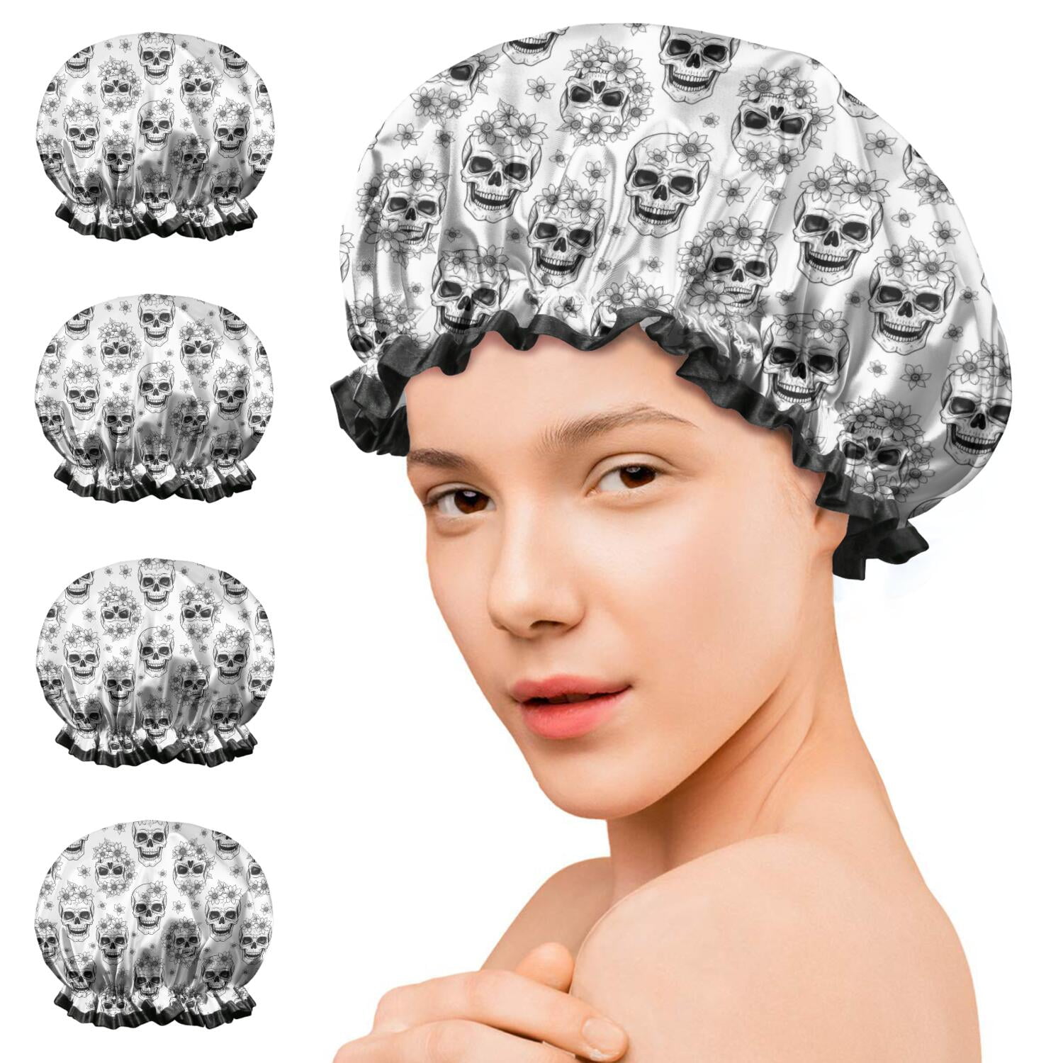 Shower Caps,White Floral Skull Pattern Waterproof Shower Cap for Women 4 Pieces,Double Reusable Hair Cover for Shower PEVA Elastic Stretch Hem