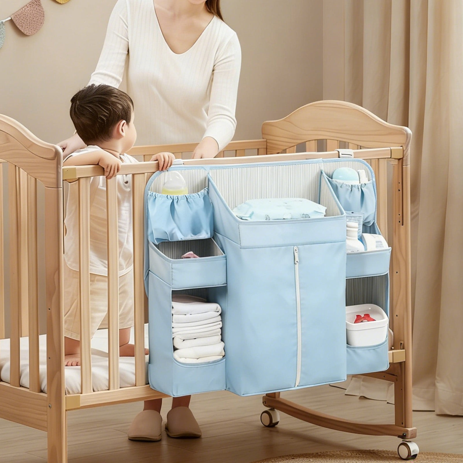 Multifunctional Washable Diaper Hanging Bag, Multiple Layer Baby Bed Diaper Stacker Organizer for Toy Diapers Essential for Bedroom Bathroom Office Kitchen