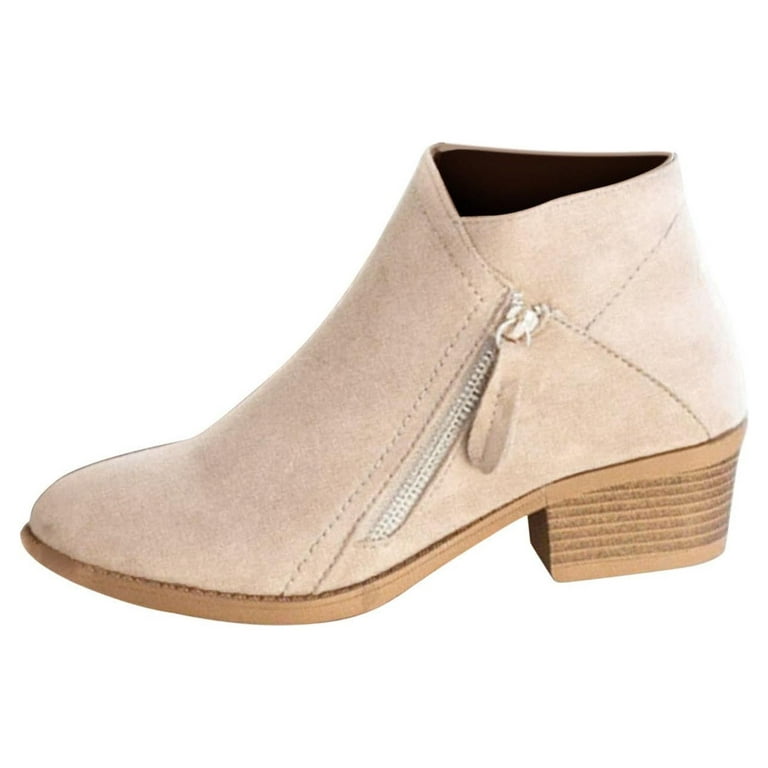 HAOTAGS Women's Suede Leather Booties Low-heeled Ankle Boots Fall Fashion  Dressy Shoes Beige Size 10.5 