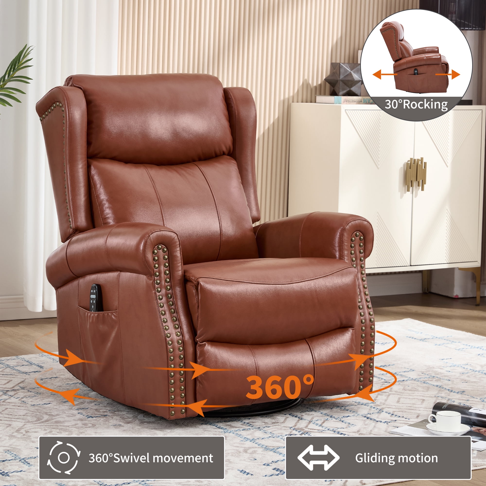 Leumius Swivel Rocker Recliner Chair with Vibration Massage and Lumbar Heating,Ergonomic Lounge Chair with Rocking Function,Rivet Design,Red