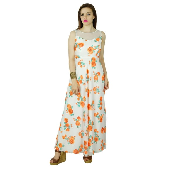 Bimba Women Long Floral White Dress Georgette Flaired Maxi Summer Wear