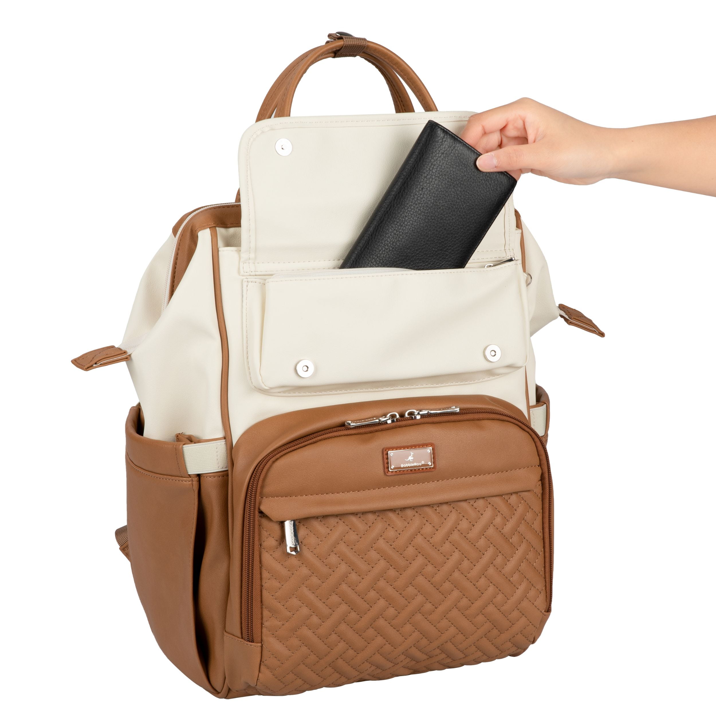 BabbleRoo Widetop Waterproof Diaper Backpack with Insulated Bottle Pockets, Vegan leather- Caramel Cream