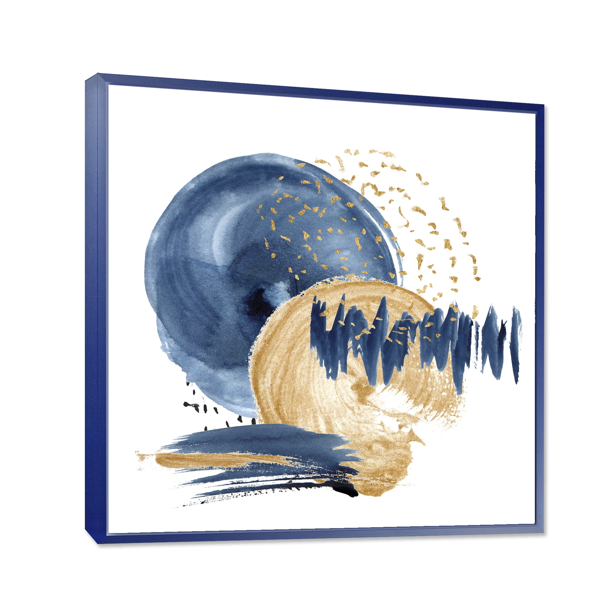 Designart 'Gold and Dark Blue Abstract Circle Ocean Texture' Modern Framed Canvas Wall Art Print