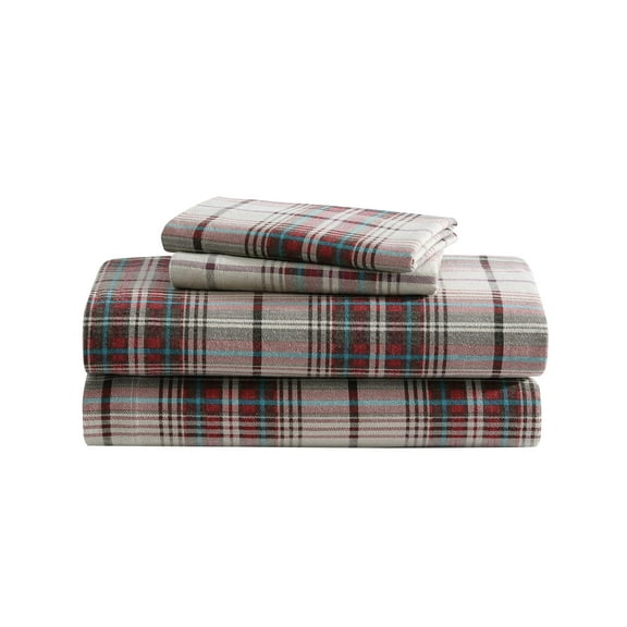 Queen flannel sheets set, Mont Lake 100% cotton brushed for extra softness, deep pocket fitted sheet, plaid design, red