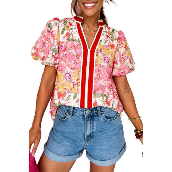 Women's Pink Floral V Neck Blouse – Southern Belle Contrast Trim Short Sleeve Summer Top, XL
