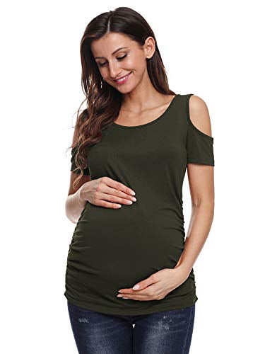 Liu & Qu Womens Maternity Cold-Shoulder Short& Long Sleeve Scoop Neck Pregnancy Ruched T-Shirt 