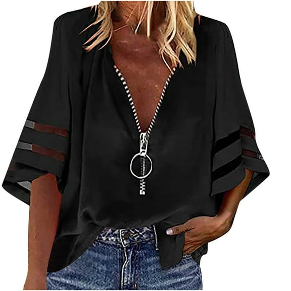 MIUOWANP Women's T-shirt Tops Solid Color Zipper Shirt Half Trumpet Sleeves Blouse Size L(8)Black