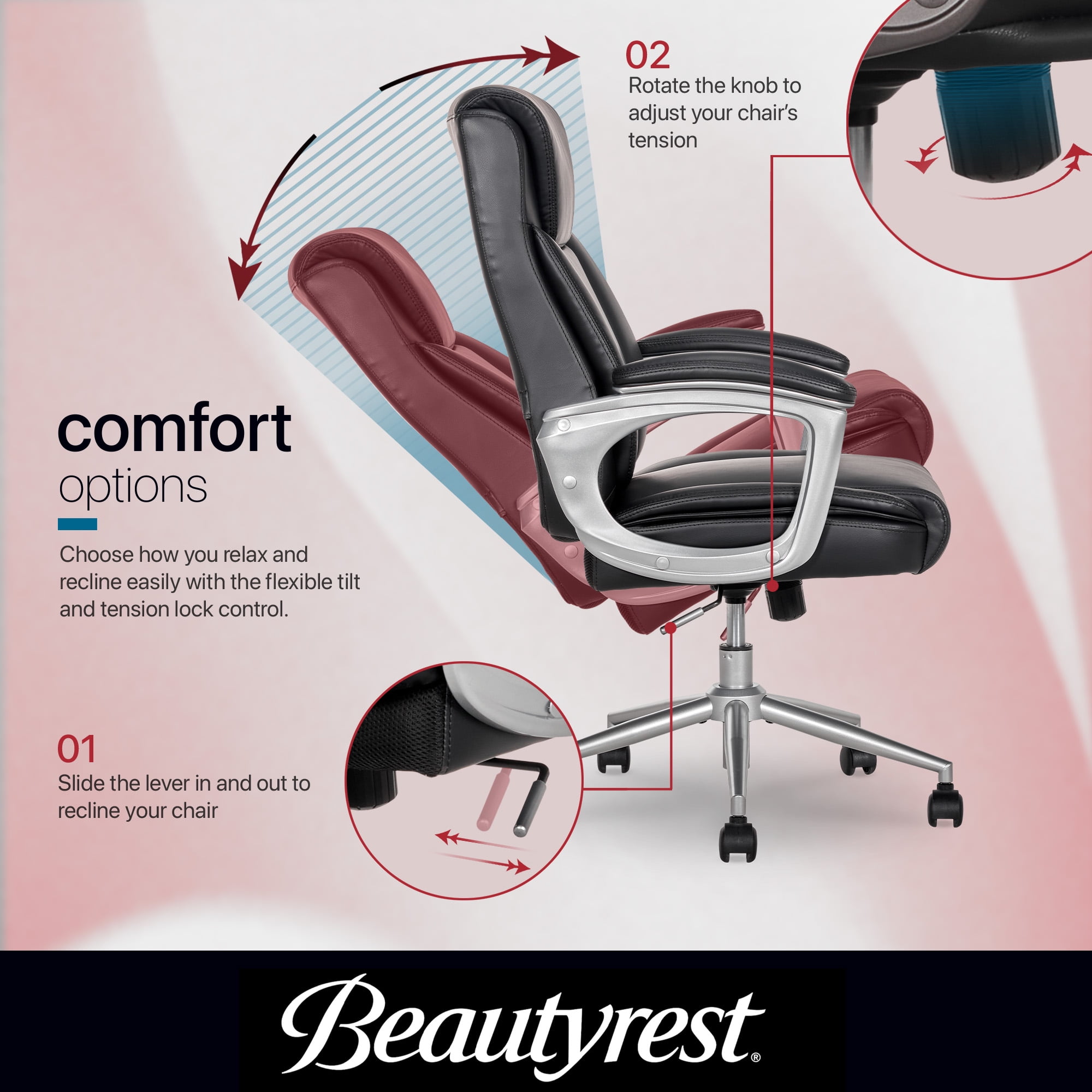 Beautyrest Beyla Ergonomic Manager Office Chair with Padded Armrest for Teens and Adults, Black