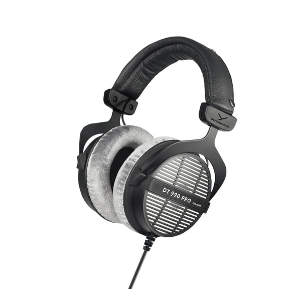 beyerdynamic DT 990 PRO, 250 Ohm, Open Back, Over Ear, Wired Headphones, 3m Coiled Cable, Black with Grey Velour Ear Pads