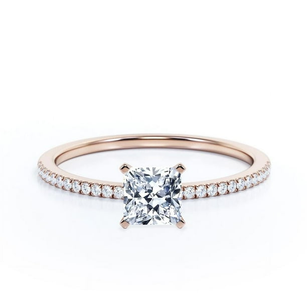 JeenMata Anillo de Compromiso de Corte Princesa de 1,5 Quilates con Engaste de Garras en Baño de Oro Rosa de 18 K sobre Plata