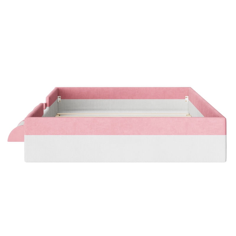 Queen Size Corduroy Upholstered Floor Bed Frame with Fence, Kids Low-Profile Platform Bed with 2-Tier Steps & Smart LED Lights