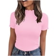 thumbnail image 2 of Women's Short Sleeve Tops Ribbed Lettuce Trim Shirts Work Blouses For Women Business Casual Outfits Slim Fit Crew Neck Casual Summer Basic Tees Going Out Tops For Women, 2 of 9