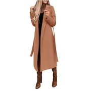 Yievot Women's Trench Coat Fall Winter Long Sleeve Lapel Open Front Cardigan Overcoat Windbreaker