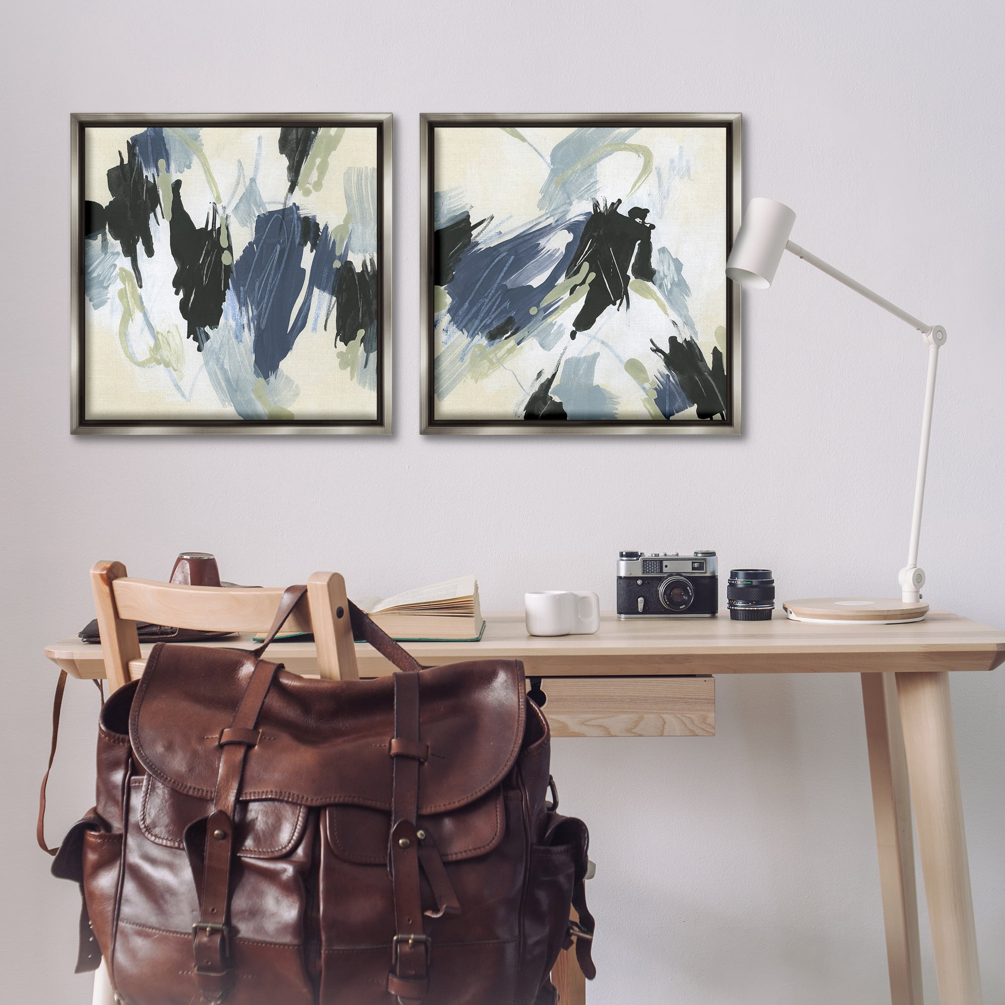 Stupell Industries Muted Blue Green Abstract Patches Abstract Painting Gray Floater Framed Canvas Art Print Wall Art, 25 x 25, Set of 2
