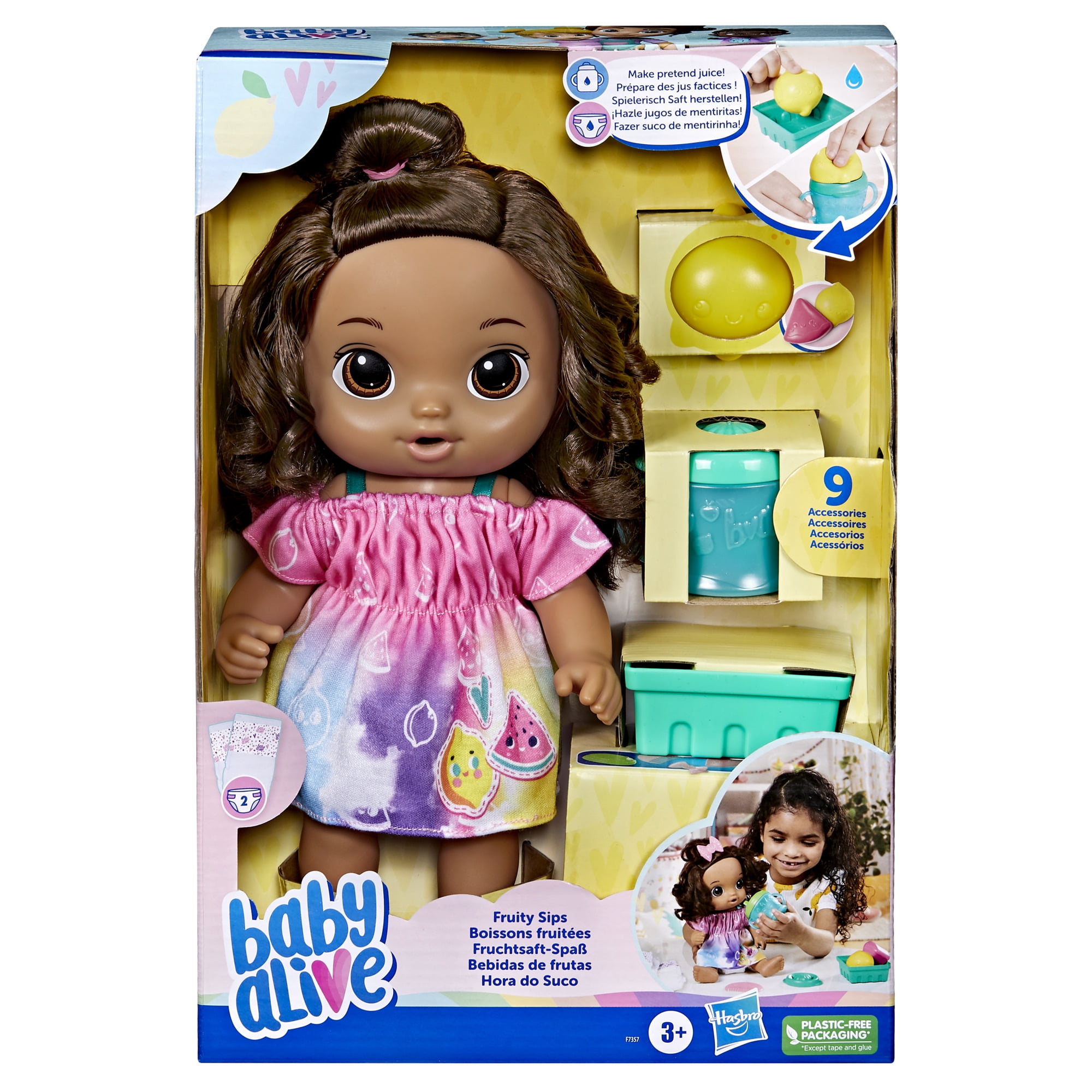 Baby Alive Fruity Sips Doll, Lemon, Pretend Juicer Baby Doll Set, Kids 3 and Up, Brown Hair