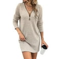thumbnail image 2 of Womens Sweater Dress 1/4 Zip Ribbed Knit Texture Long Sleeve Casual Bodycon Fall Jumper Midi T-Shirt Dresses Khaki XL, 2 of 7
