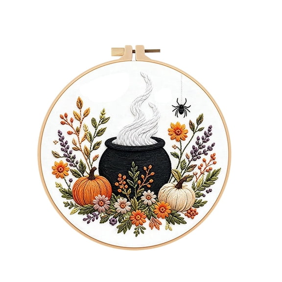 Floral Cauldron Pumpkin Halloween Decor Embroidery Kit, 1-Pack 8 Inch DIY Stamped Needlework Set for Home Office, bldnkj