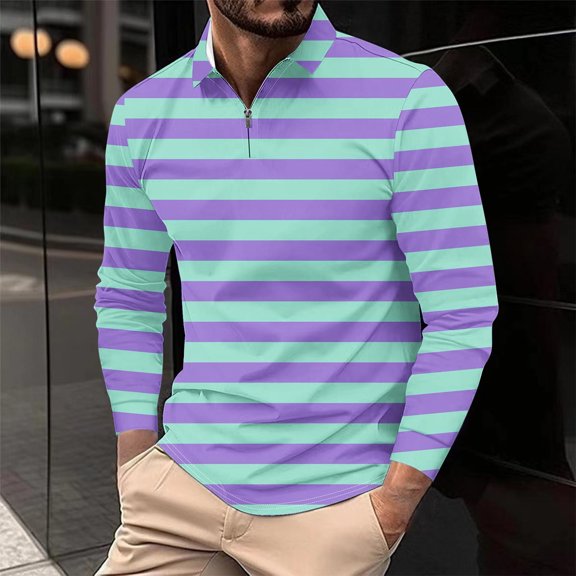 Plus Size Golf Shirts for Men with Zipper Collar Big & Tall S-5X Long Sleeve Tshirts Shirt Mens Trendy Stripe Printed Pullover Athletic Workout Tops
