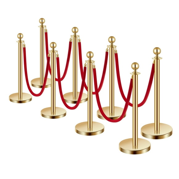 KFFKFF Stanchions and Velvet Ropes 8Pcs, Hollow Base with Stainless Steel Post, 6 Red Velvet Ropes and Posts, Crowd Control Barriers Gold Stanchions