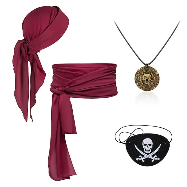 Pirate Accessories para mujer y hombre, sombrero de pirata, bufanda y parche con forma de ojo de pirata, collar de 4 piezas, disfraz de pirata, cosplay, cinturón, bandana, diadema roja