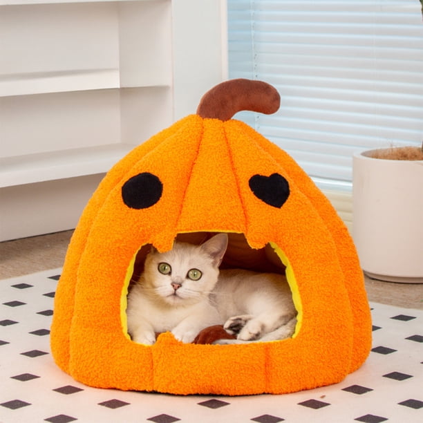Cama de algodón para gatos con forma de calabaza de Halloween, semicerrada y cálida, con cojín extraíble y lavable y base antideslizante, ideal para decoración navideña de mascotas pequeñas.