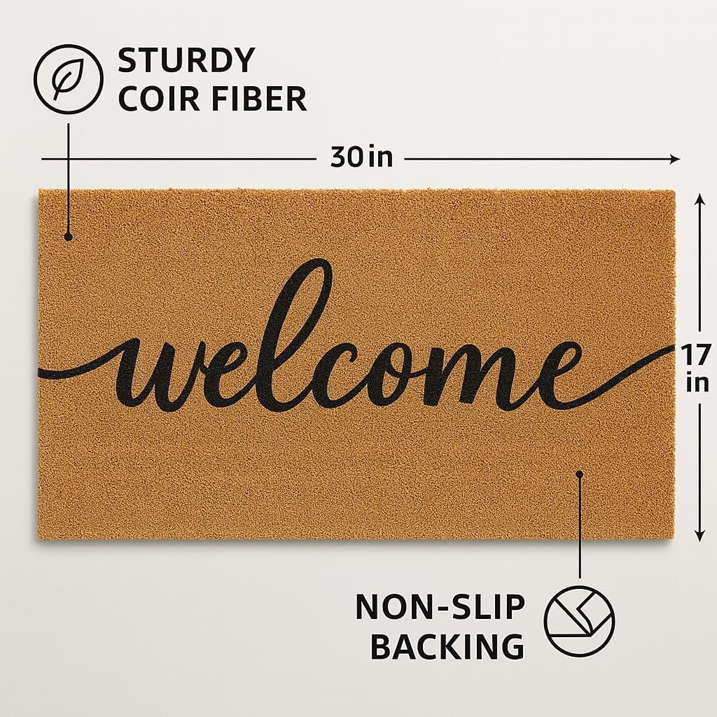 Casafoyer Welcome Coir Doormat, Outdoor Front Door Mat with Non-Slip Backing, Durable Entrance Rug for Porch & Patio, 30 x 17 Inch