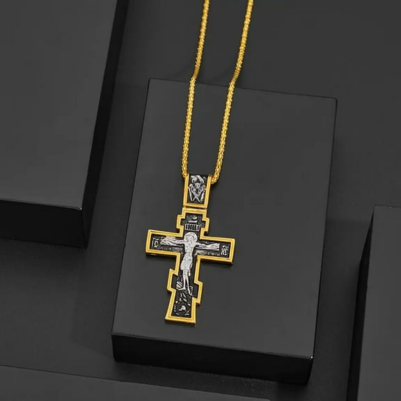 Movie Jesus Cross Necklace Crucifix Eastern Orthodox Prayer Big 14K Yellow Gold Pendant For Men Women Jewelry Accessories Gifts