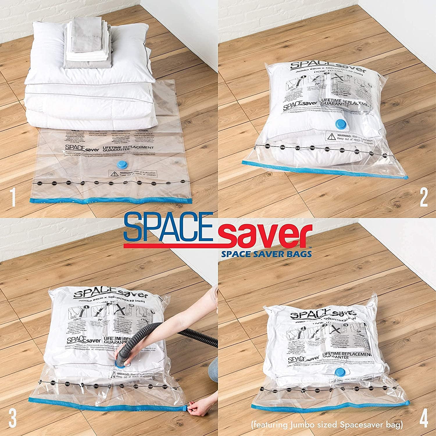 Spacesaver Premium Vacuum Storage Bags - 80% More Storage! Hand-Pump for Travel! Double-Zip Seal and Triple Seal Turbo-Valve for Max Space Saving! (Large, 4 Pack)