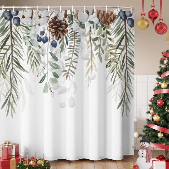 Sage Green Christmas Shower Curtain, Weeping Xmas Berry Pine Cones Waterproof Fabric Shower Curtains with 12 Hooks, Bathroom Curtain Set for Bathroom Accessories Decor, 36 x 72 Inches