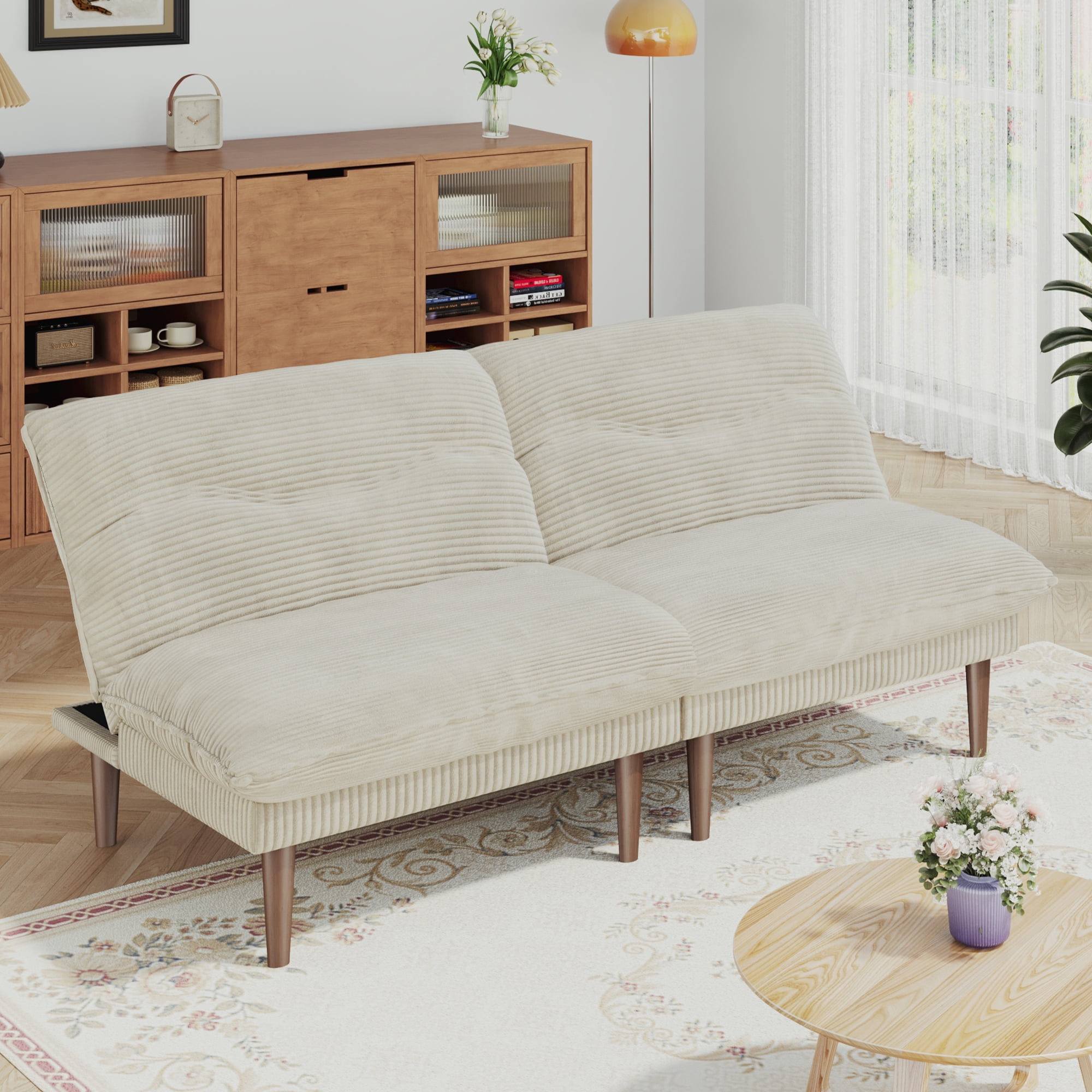 LLappuil 75" Futon Convertible Sofa Bed, Corduroy Loveseat Sleeper Sofa Couch for Living Room Beige