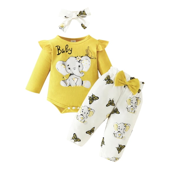 masbird Newborn Baby Girl Clothes Infant Girl Outfits 0 3 6 12 18 Months Clothes for Girls Headband Clothing Set(Yellow,0-3 M)