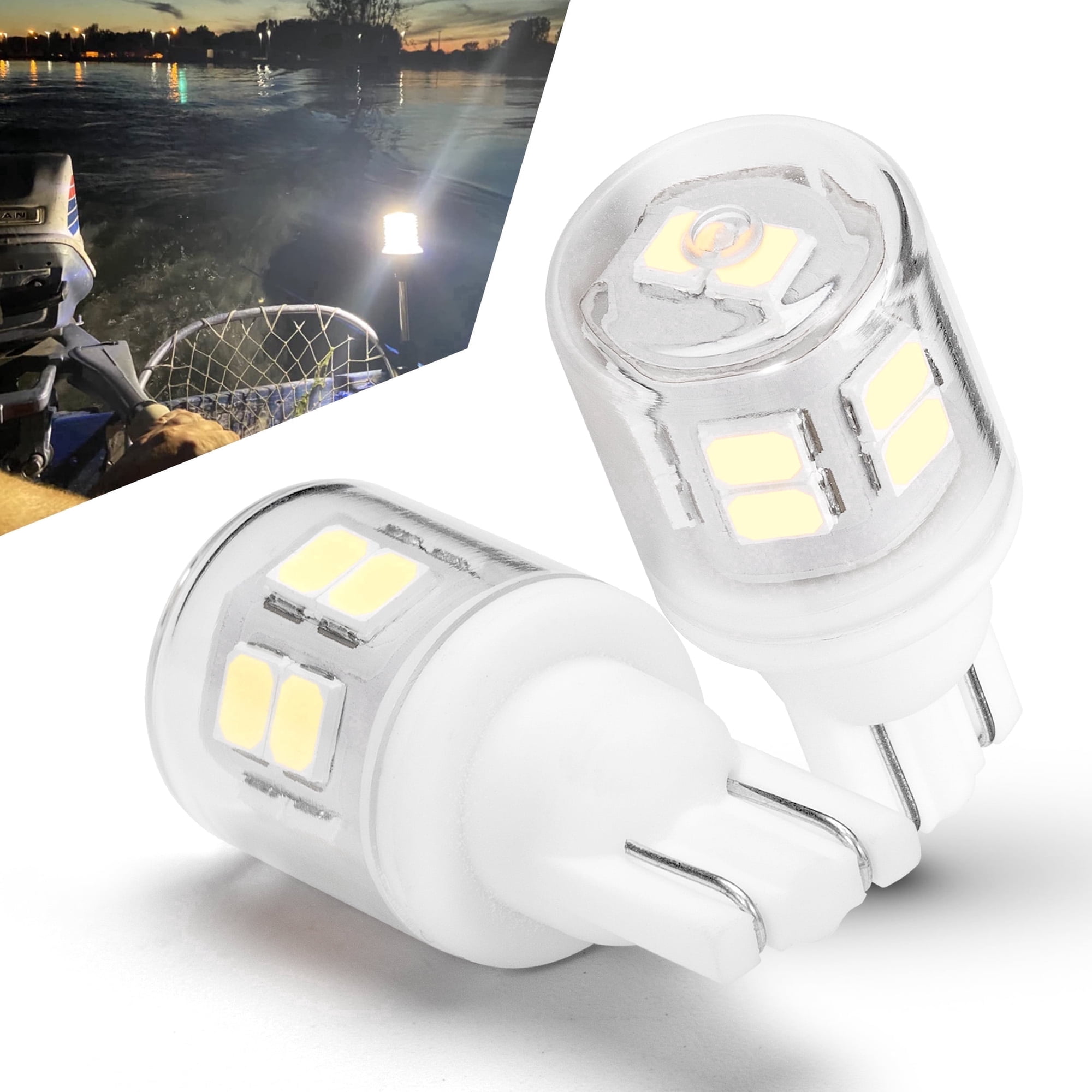 906 LED Bulbs T10 Wedge Base, 3W Marine Boat Light Bulb, 6000K White 12V 24V Navigation Lights, 2PCS