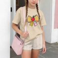 thumbnail image 4 of LvhaoGJOB Little Kids Girls T-Shirt and Shorts Outfit Set, Beige - large Beige bow graphic, notebook print with pink bow, 4 of 6