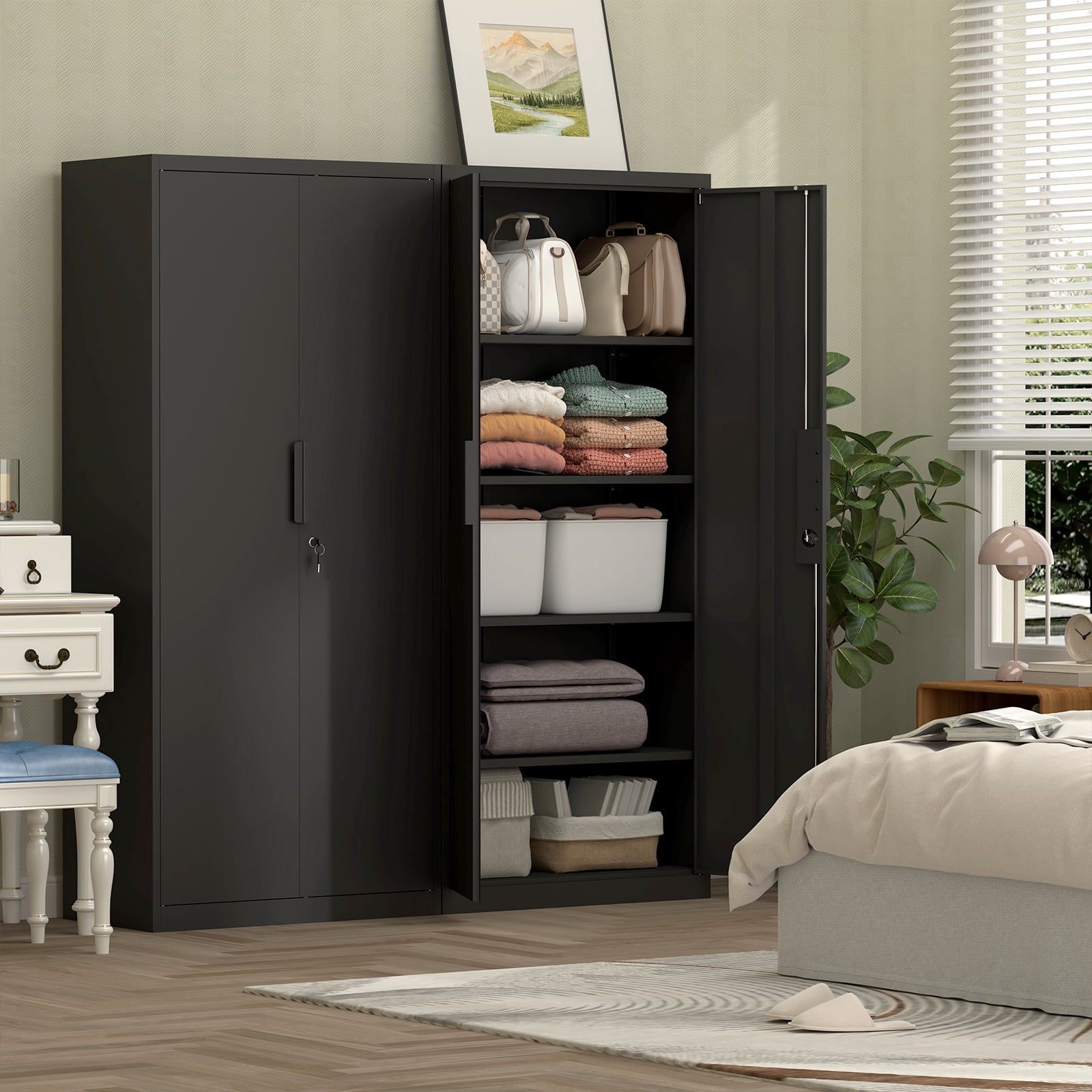 Marcree 71''H Metal Storage Cabinet, Locking Black Steel Cabinet with Doors and Shelves, Metal Cabinets for Garage, Kitchen Pantry,Tall File Cabinet for Home Office