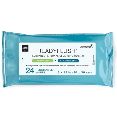 Medline ReadyFlush Flushable Personal Cleansing Wipes, Fragrance Free, 8 x 10In, 24 Count