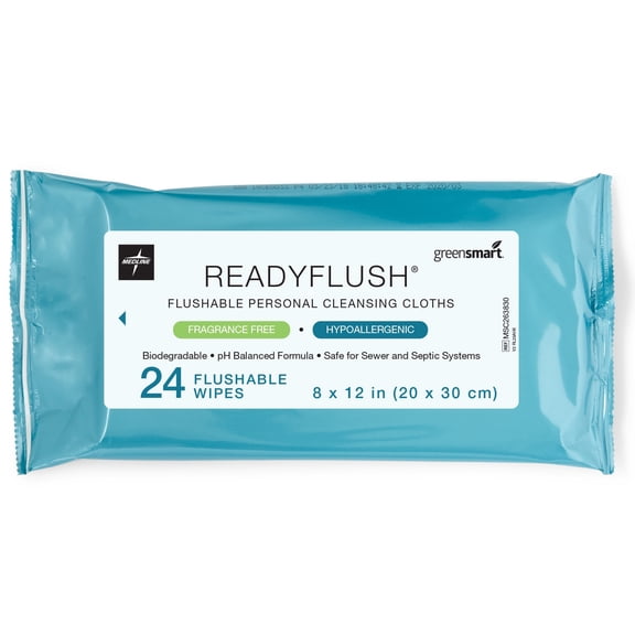 Medline ReadyFlush Flushable Personal Cleansing Wipes, Fragrance Free, 8 x 10In, 24 Count