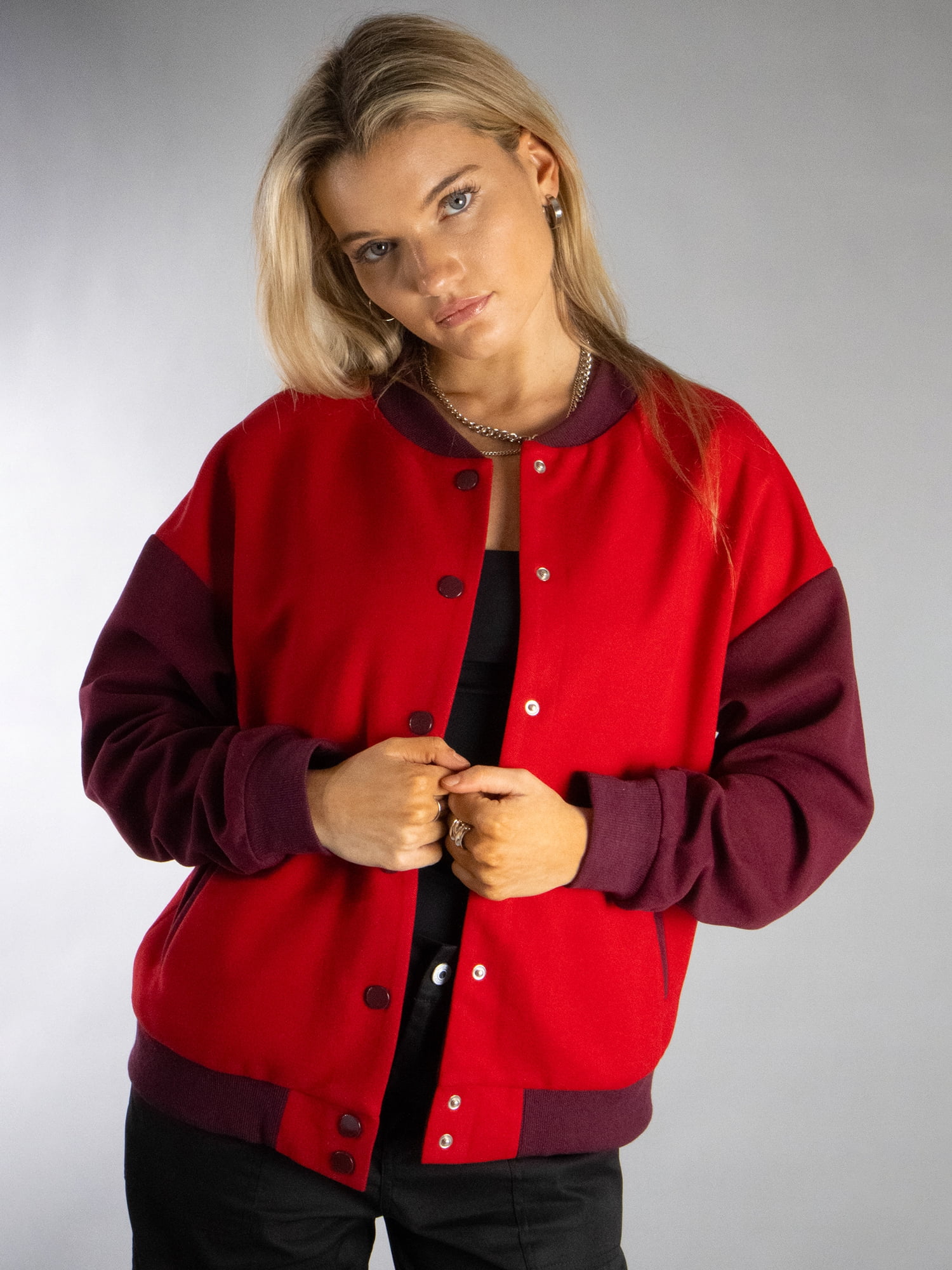 DARING DIVA Women's Long Sleeve Button Down Oversized Jacket L Red