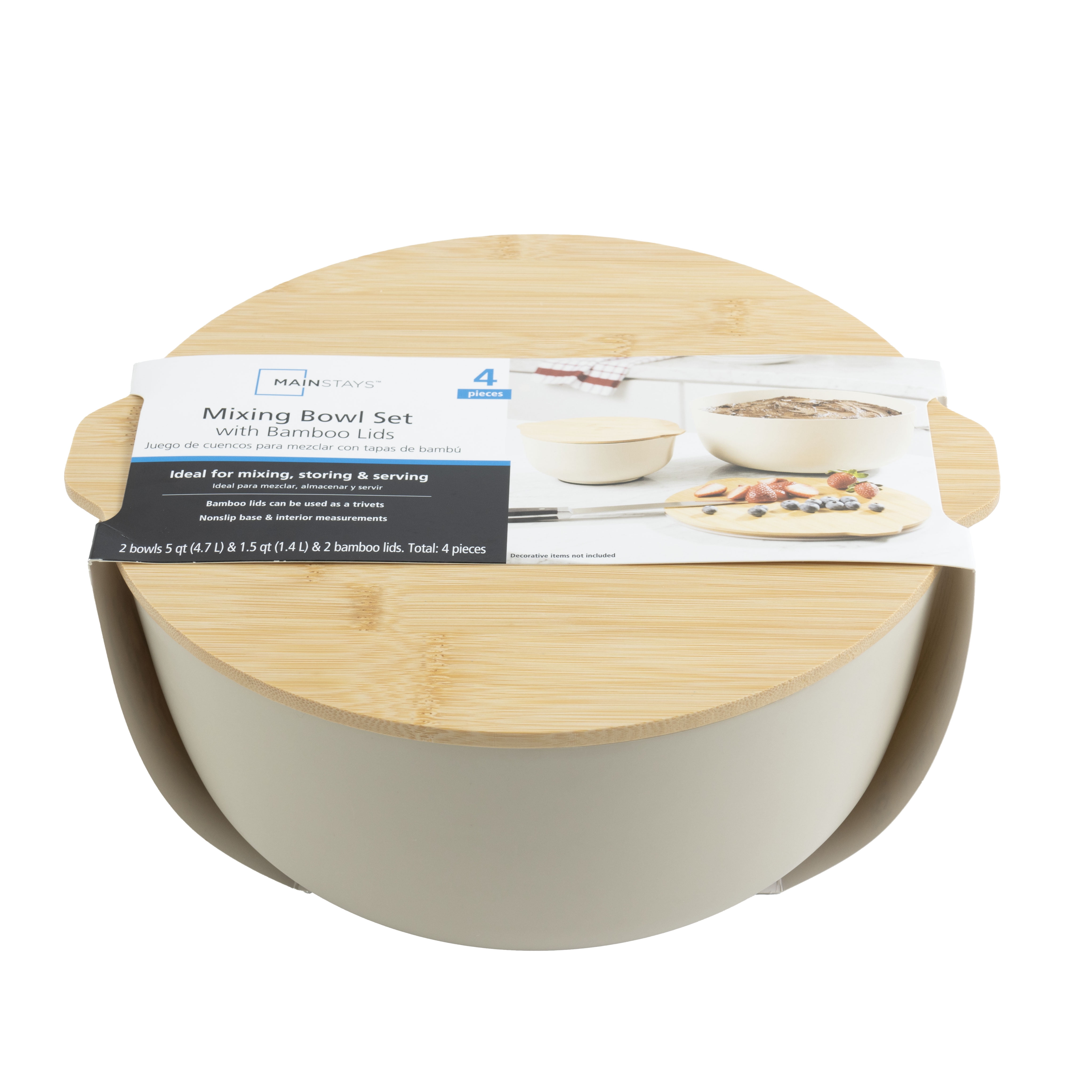 Mainstays Mixing Bowl Set with Bamboo Lids, 11.22 in, 50% Recycled PP, Papyrus Beige