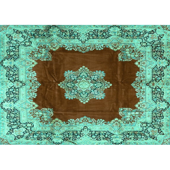 Ahgly Company Machine Washable Indoor Rectangle Medallion Turquoise Blue Traditional Area Rugs, 4' x 6'